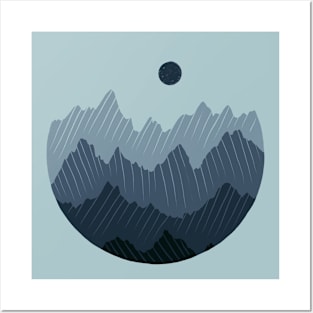 Blue Monochromatic Mountain Range in a Circle Posters and Art